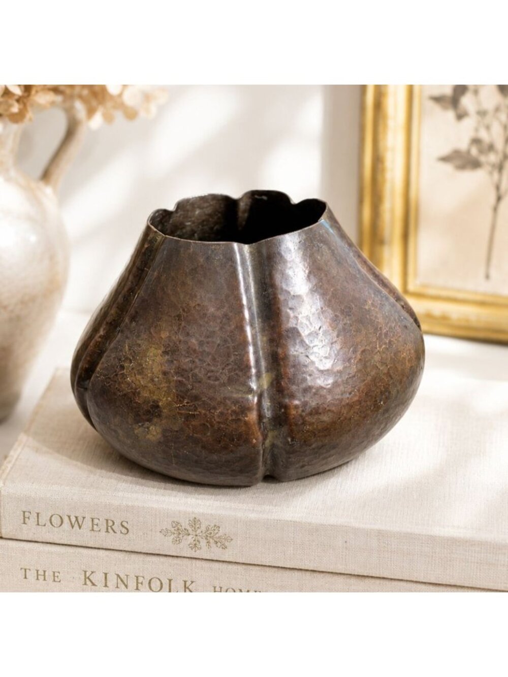 Vintage Hammered Copper Vase Sculptural Scalloped Vessel Rustic Farmhouse Decor